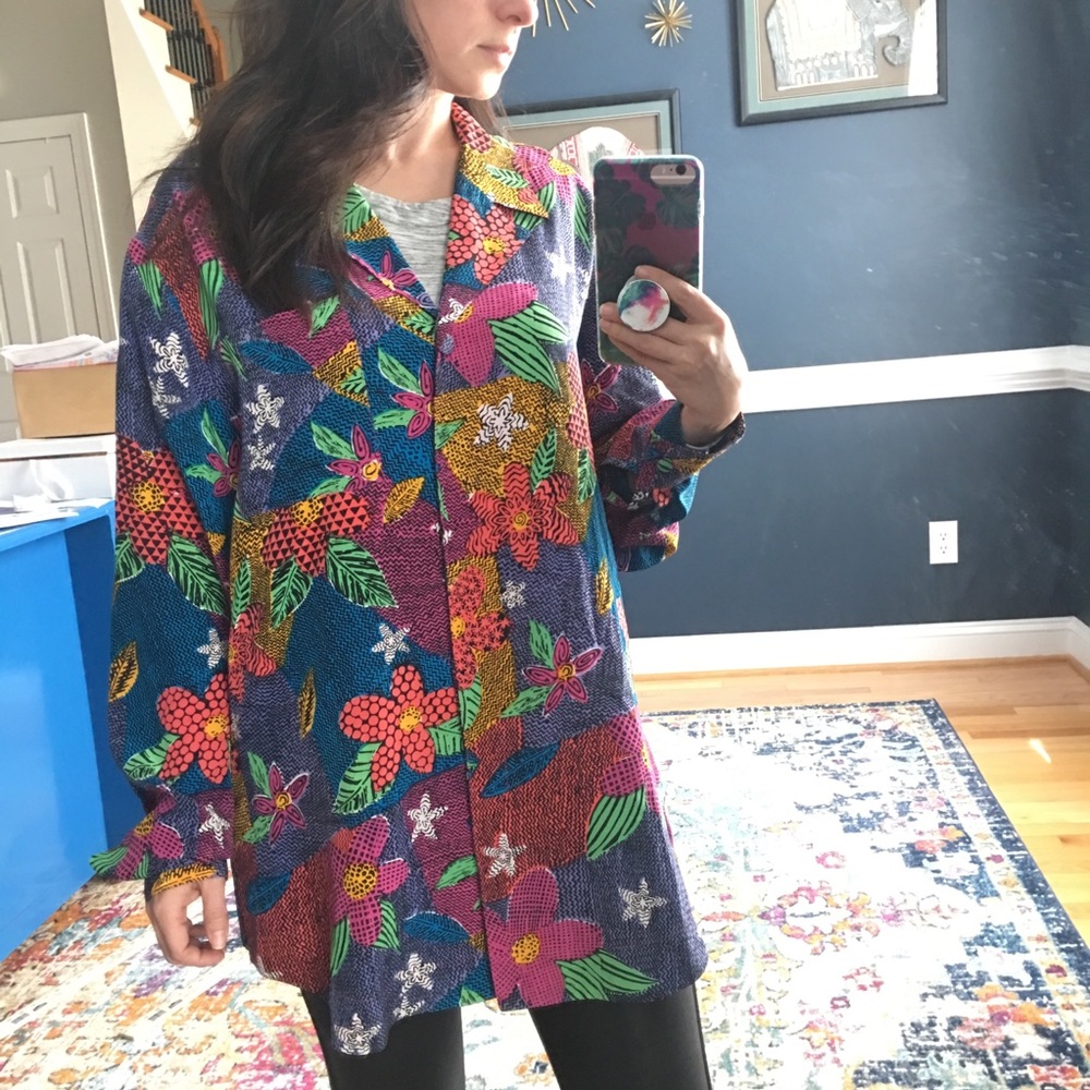 Rare vintage Silk Blouse Bright Novelty Print M L